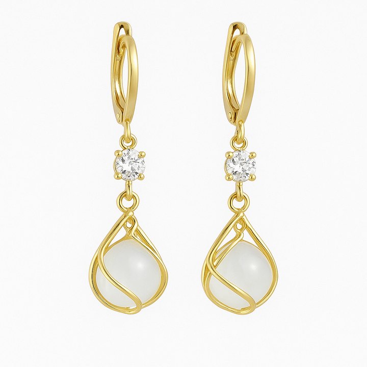 Gold Wire Wrapped White Opal Drop Earrings