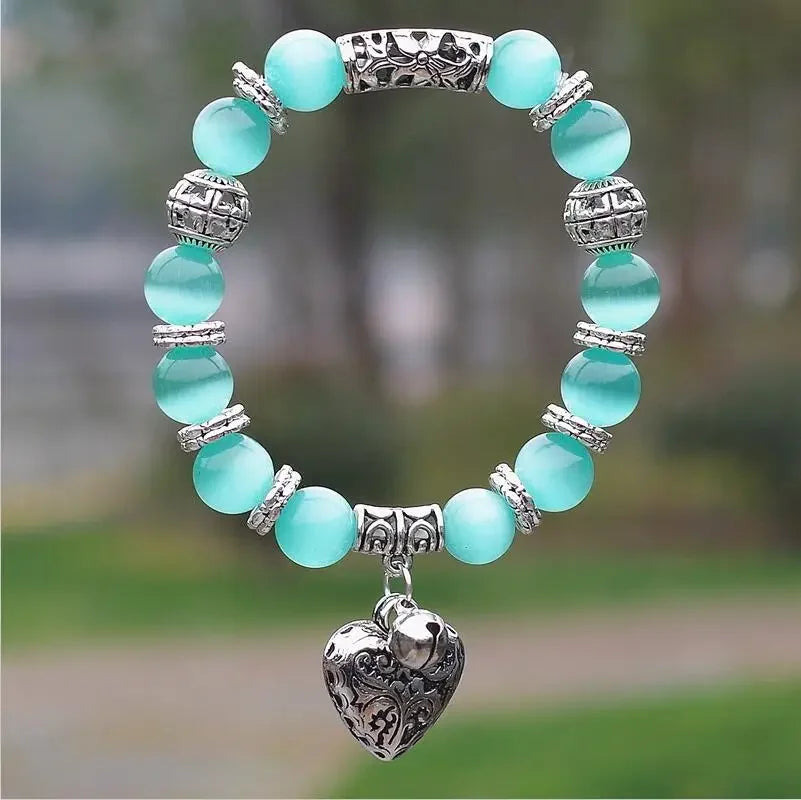 Opal Beaded Bracelet with Heart Charm