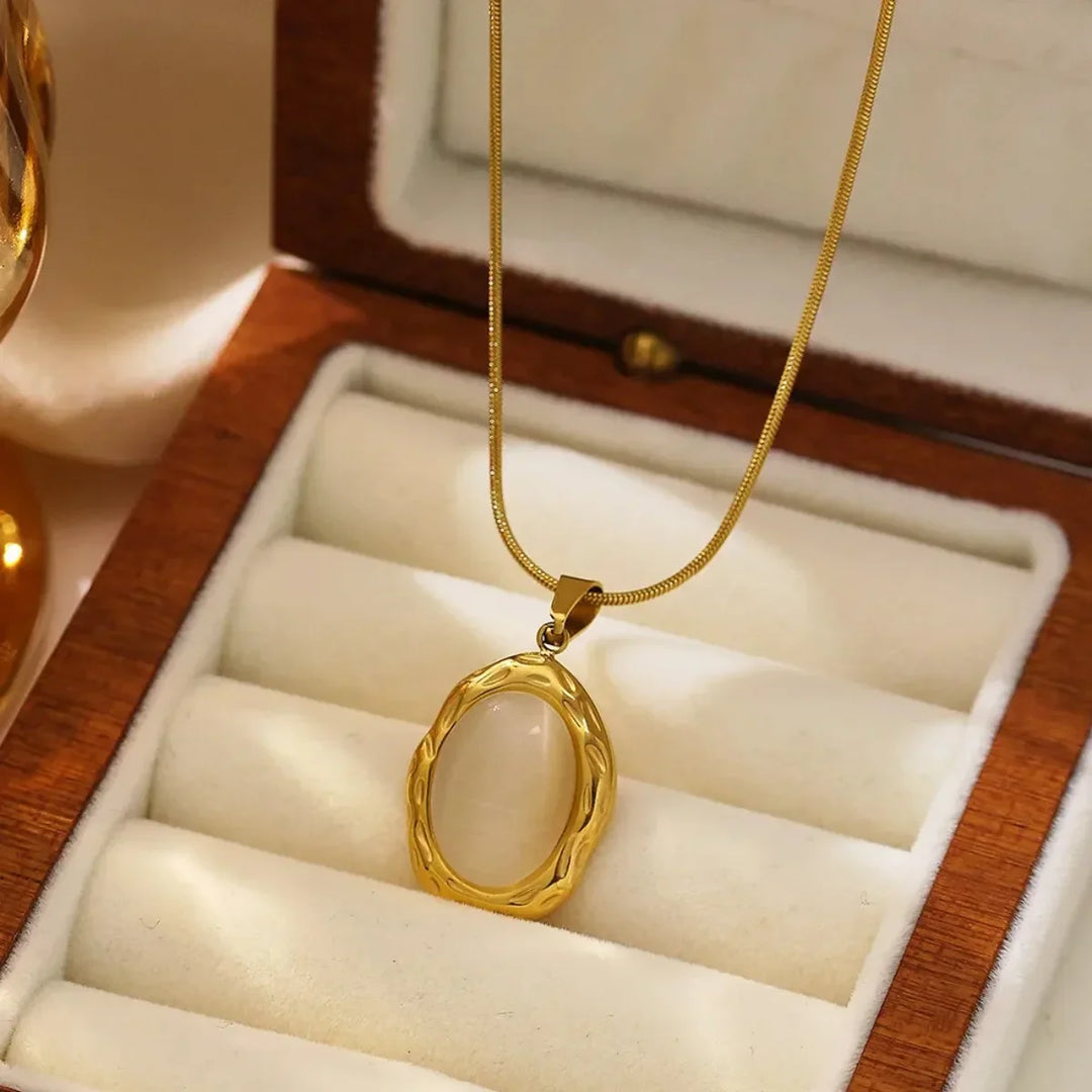 Gold Plated Oval Cat Eye Opal Necklace