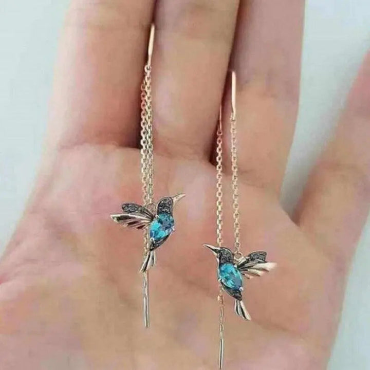 Gold Hummingbird Threader Earrings with Crystals